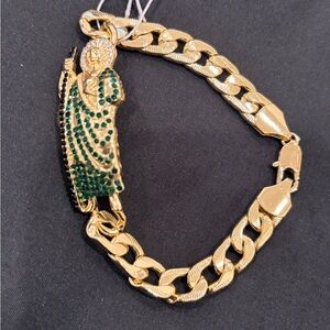 Gold Tone Figural Bracelet with Green Crystal Accents